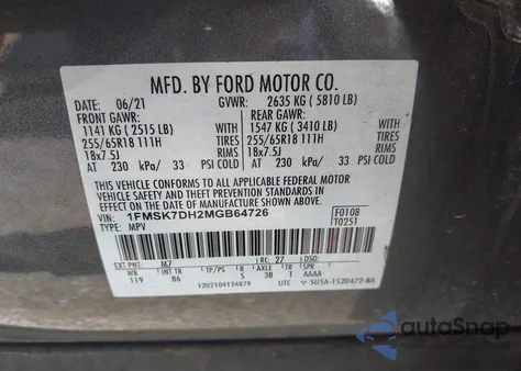 2021 Ford Explorer Xlt from USA, damaged, VIN 1FMSK7DH2MGB64726
